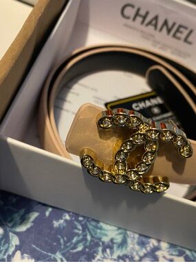 CHANEL Pink, Beige Belt with Gold Diamond CC Buckle